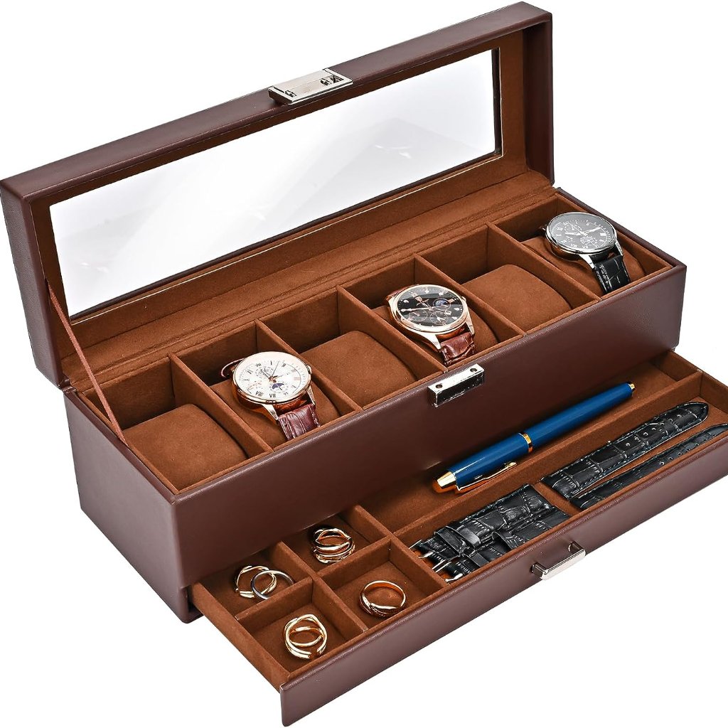 Watch Box Organizer For Men 6 Slot Watch Display Case With Drawer Mens Watch